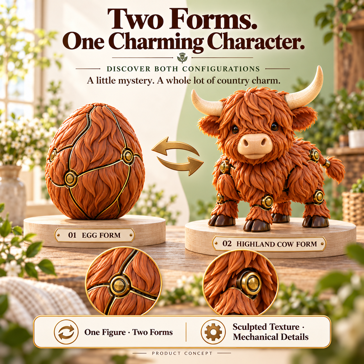 Highland Cow figure and egg concept shown together