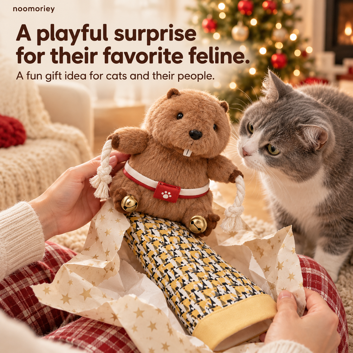 Interactive Beaver Cat Glove Toy – Plush Hand Puppet with Dangling Ropes & Jingle Bells 🐾