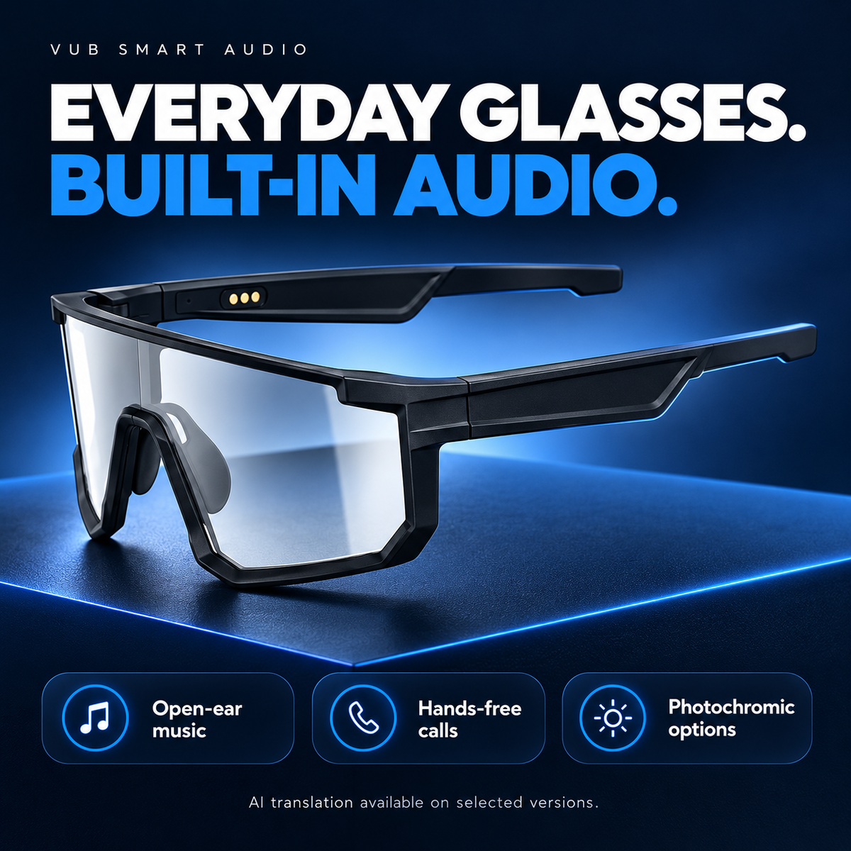VUB black smart audio glasses with open-ear speakers and photochromic lens options