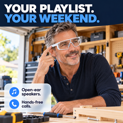 Man wearing white VUB smart audio glasses at a home garage workbench