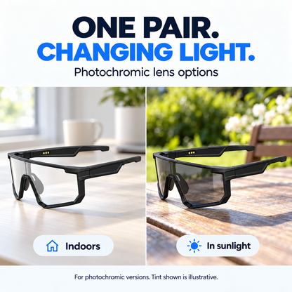 Illustration of indoor and sunlight tint on photochromic smart glasses