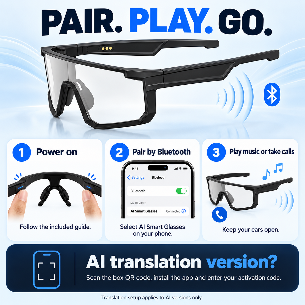 Bluetooth pairing steps and optional AI translation app activation