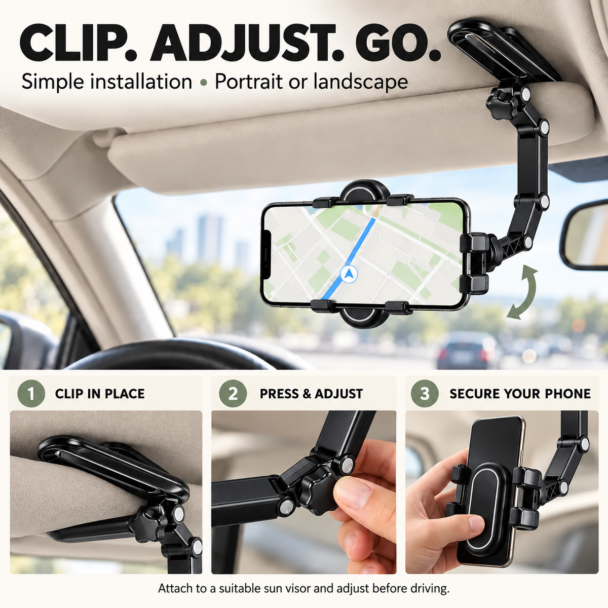 🚗 360° Rotating Car Sun Visor Phone Holder – Foldable & Adjustable Hands-Free Phone Mount