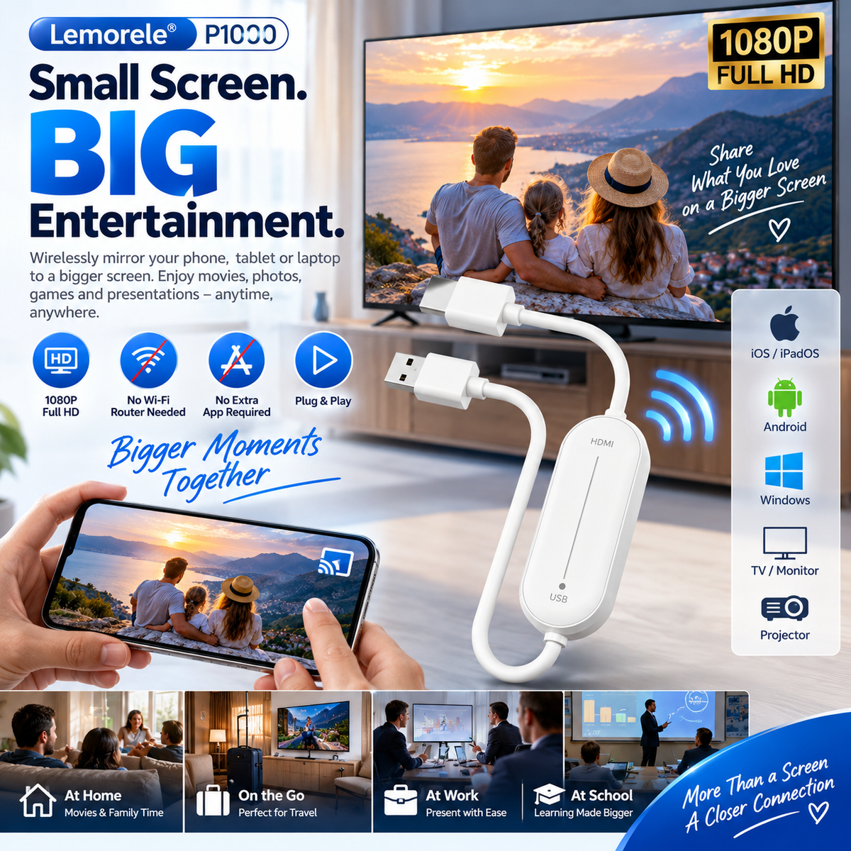 📺 Wireless HDMI Screen Mirroring Adapter – 1080P Plug & Play