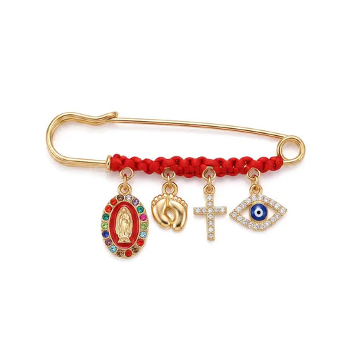 Protection Brooch for Pregnancy & Baby Religious Charm Maternity Safety Pin Brooch – Virgin Mary, Cross & Evil Eye Belly Jewelry Pin