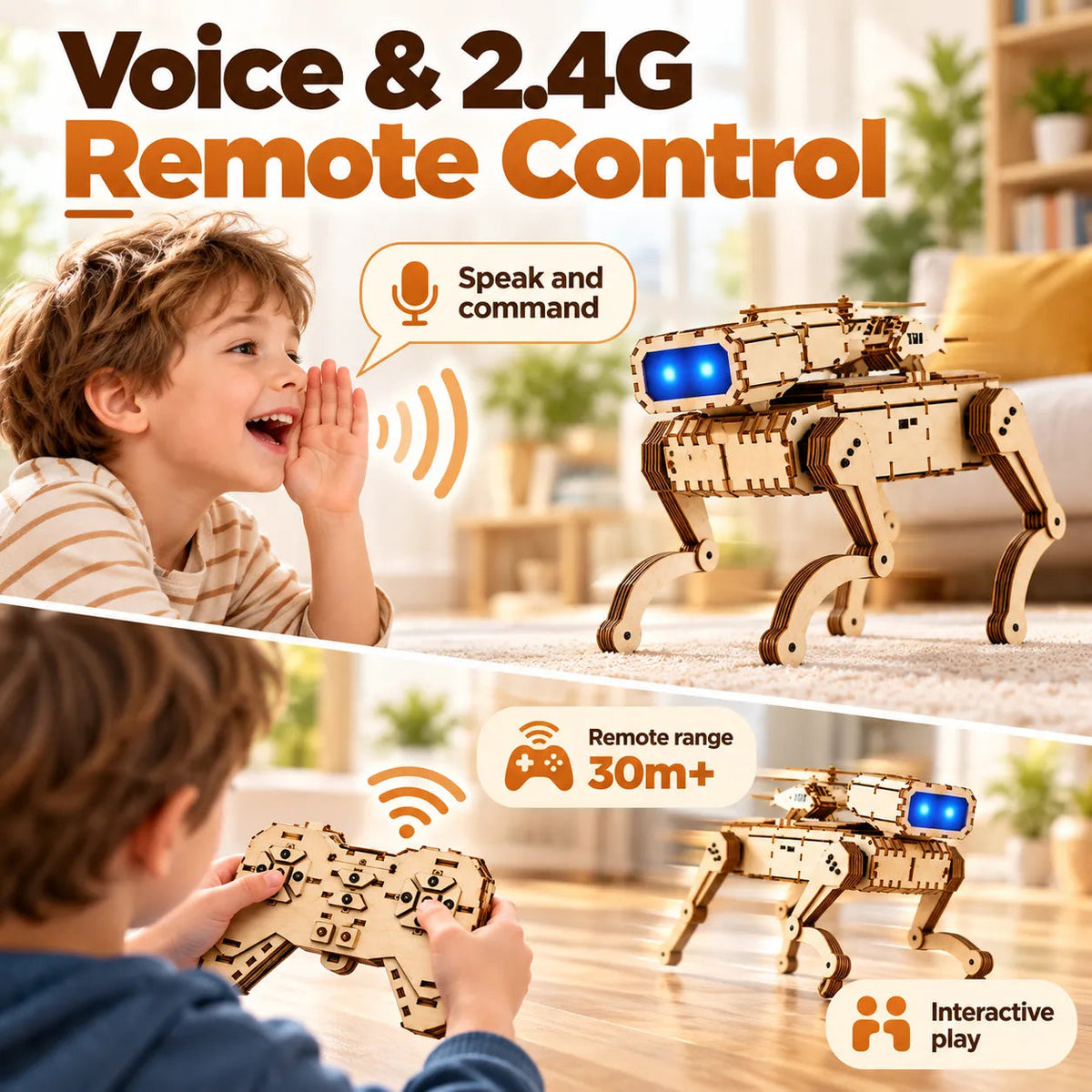🤖 Wooden Smart Robot Dog [Voice & Remote Control] - STEM Building Kit for Kids!