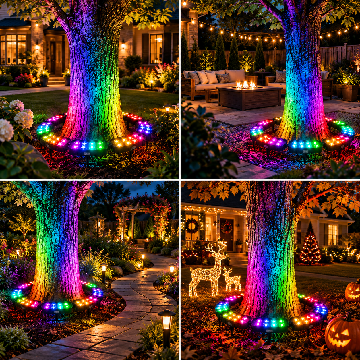 RGB tree lights shown in front yard, patio, garden and holiday settings