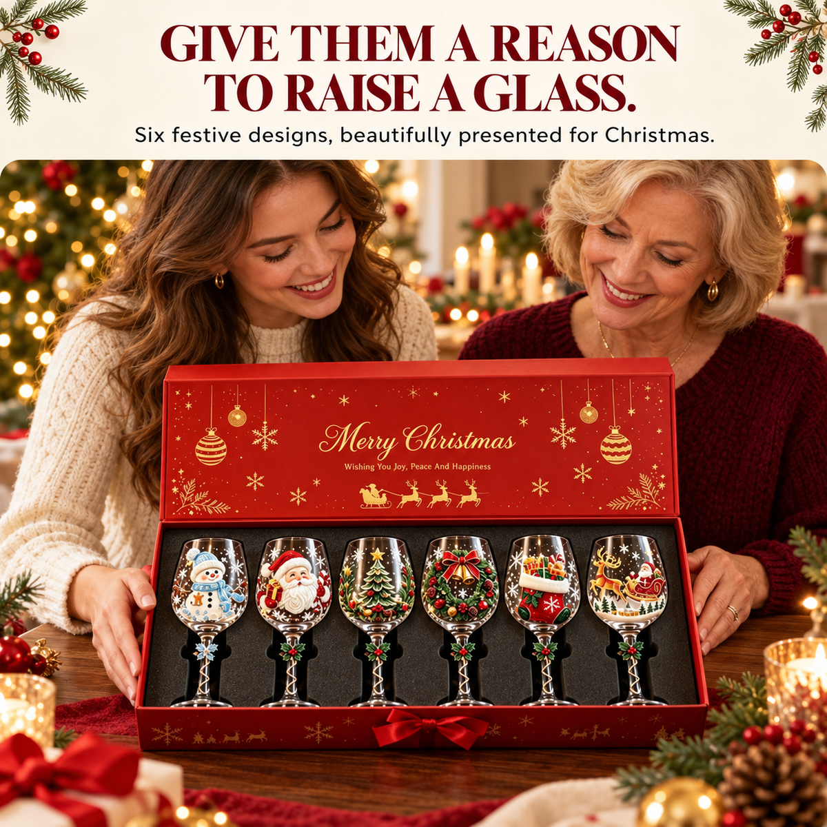 🎄✨ Christmas Clearance Sale! 🎅🥂 Christmas Wine Glass Gift Set of 6 – Beautiful Raised Designs for Holiday Toasts & Gifting