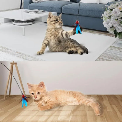 💖Cat Toy Wand Auto Interactive Toys for Indoor Cat 8 in 1 Hands-Free Natural Bird Feather Ball Toys