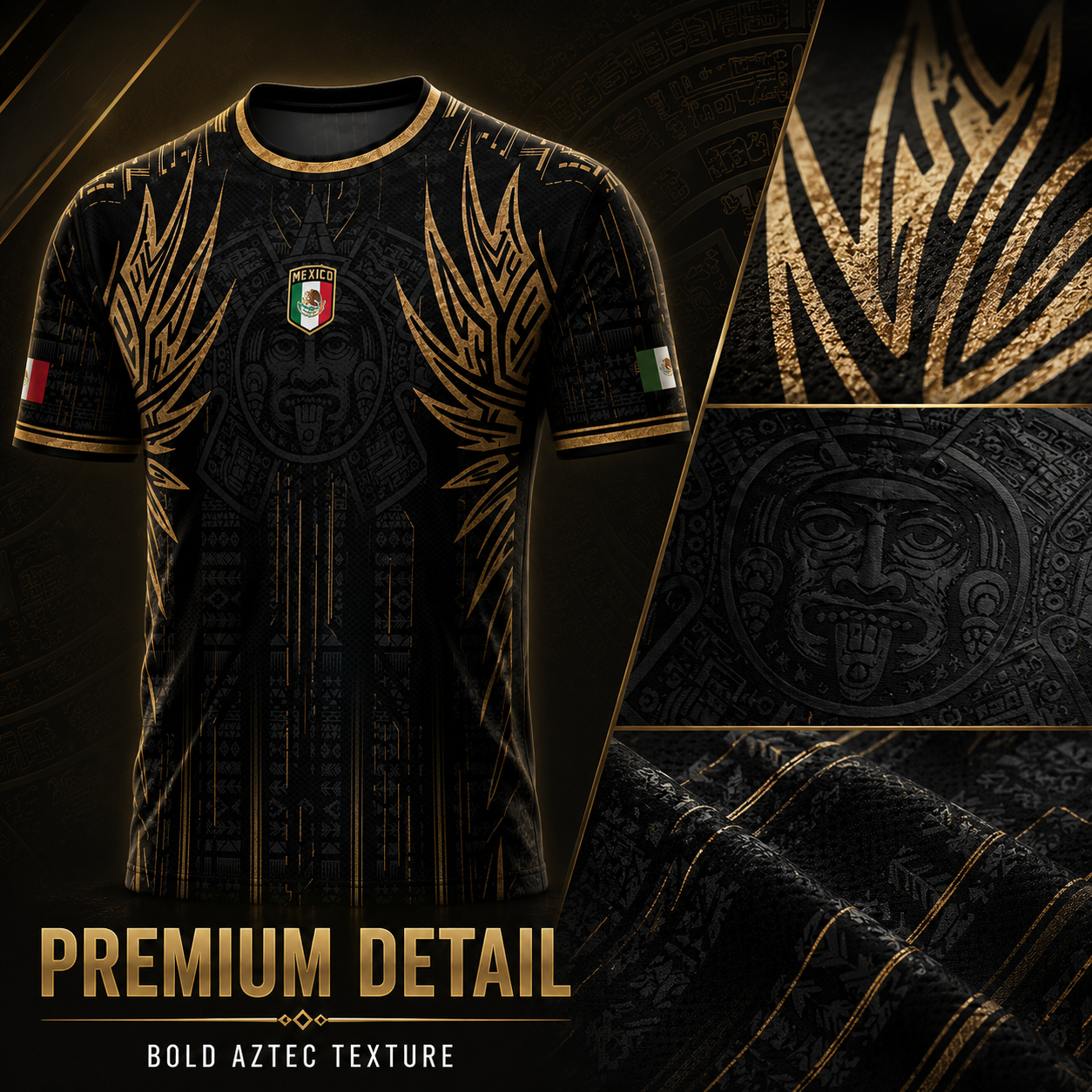 Mexico Soccer Jersey Black Aztec Warrior Gold Feather Design