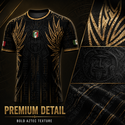 Mexico Soccer Jersey Black Aztec Warrior Gold Feather Design