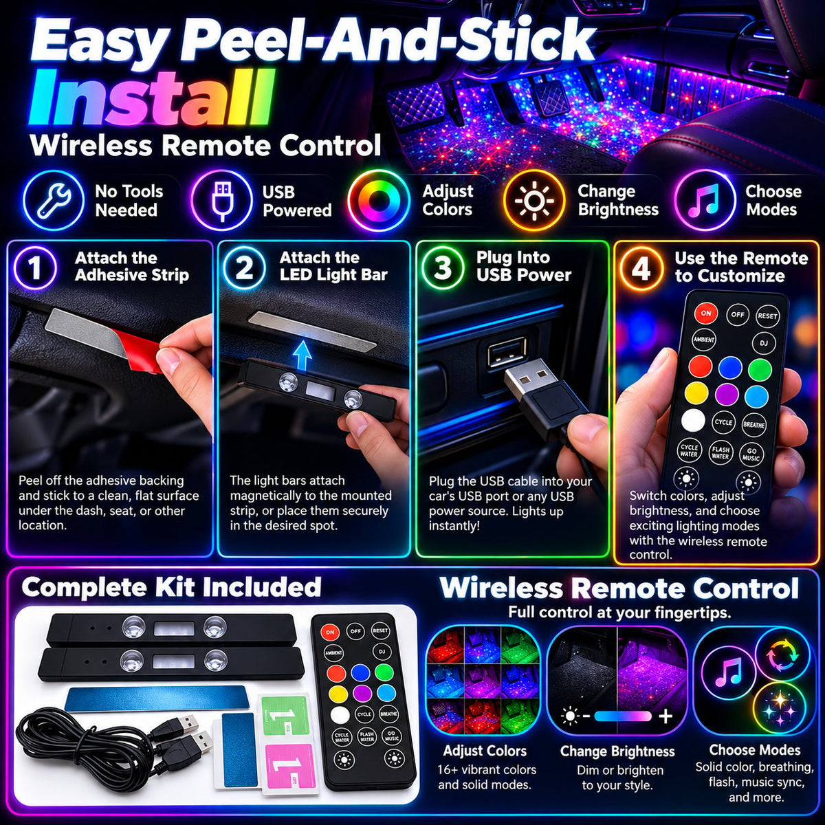 Wireless Car LED Ambient Lighting | Multi Color Music Sync Interior Light Set