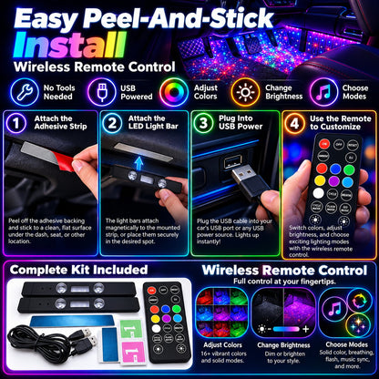 Wireless Car LED Ambient Lighting | Multi Color Music Sync Interior Light Set