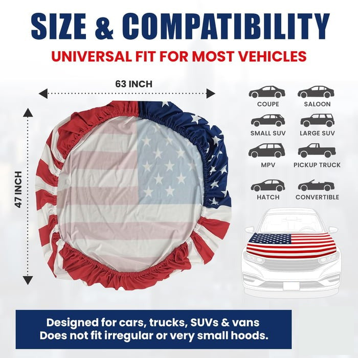 American Flag Car Hood Cover  Fits Trucks SUVs Sedans Jeep Commemorative Edition for Memorial Day Independence Day Celebrating 4th of July