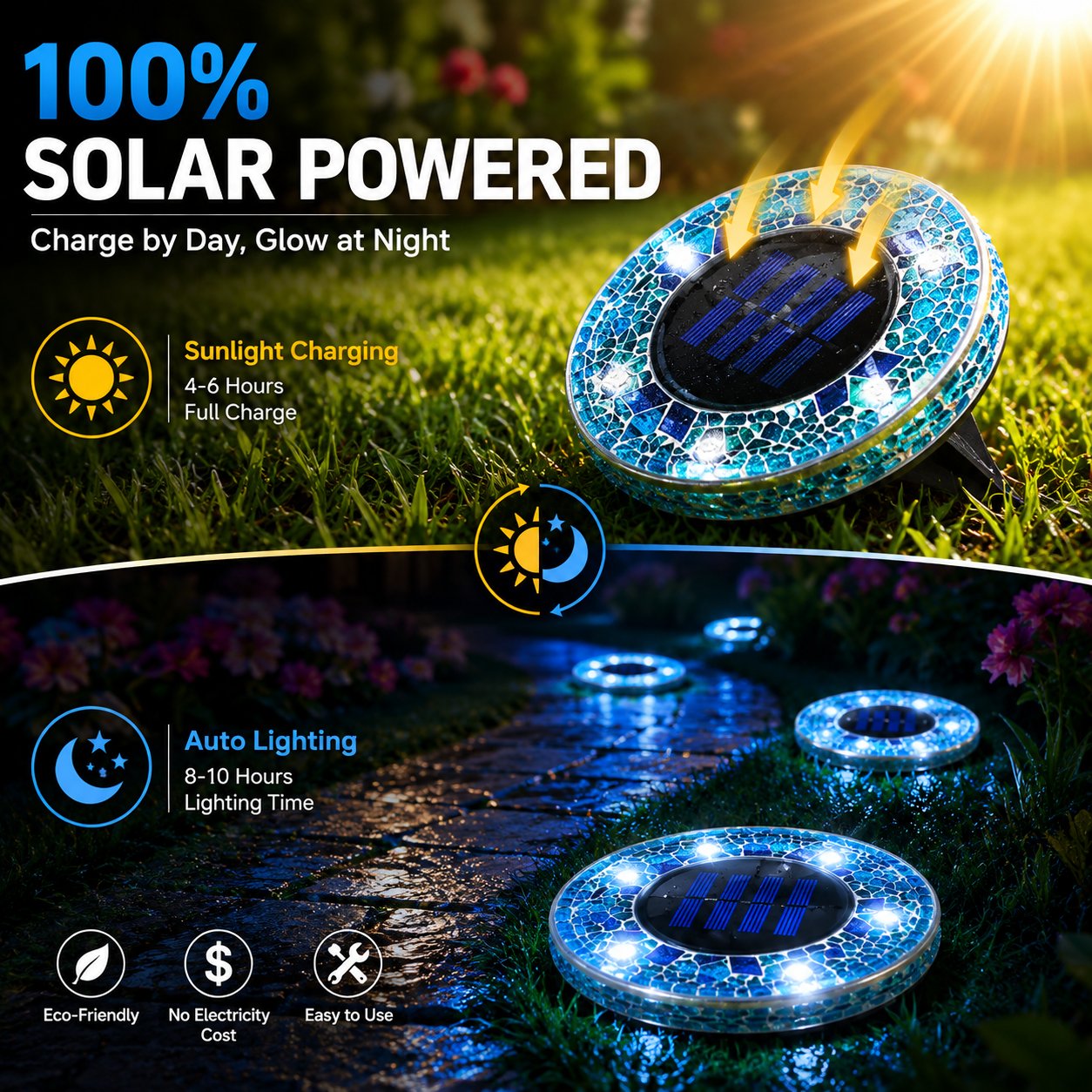 Solar Outdoor Mosaic Disk Pathway LED Lights