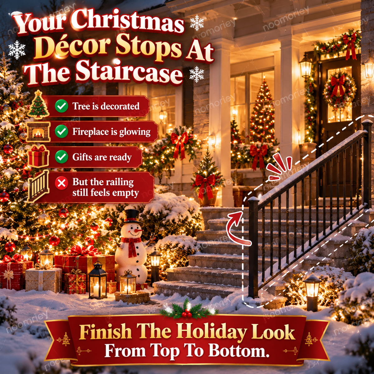 🎅 Illuminated Santa Staircase Railing Christmas Display with Glowing Gift Lights
