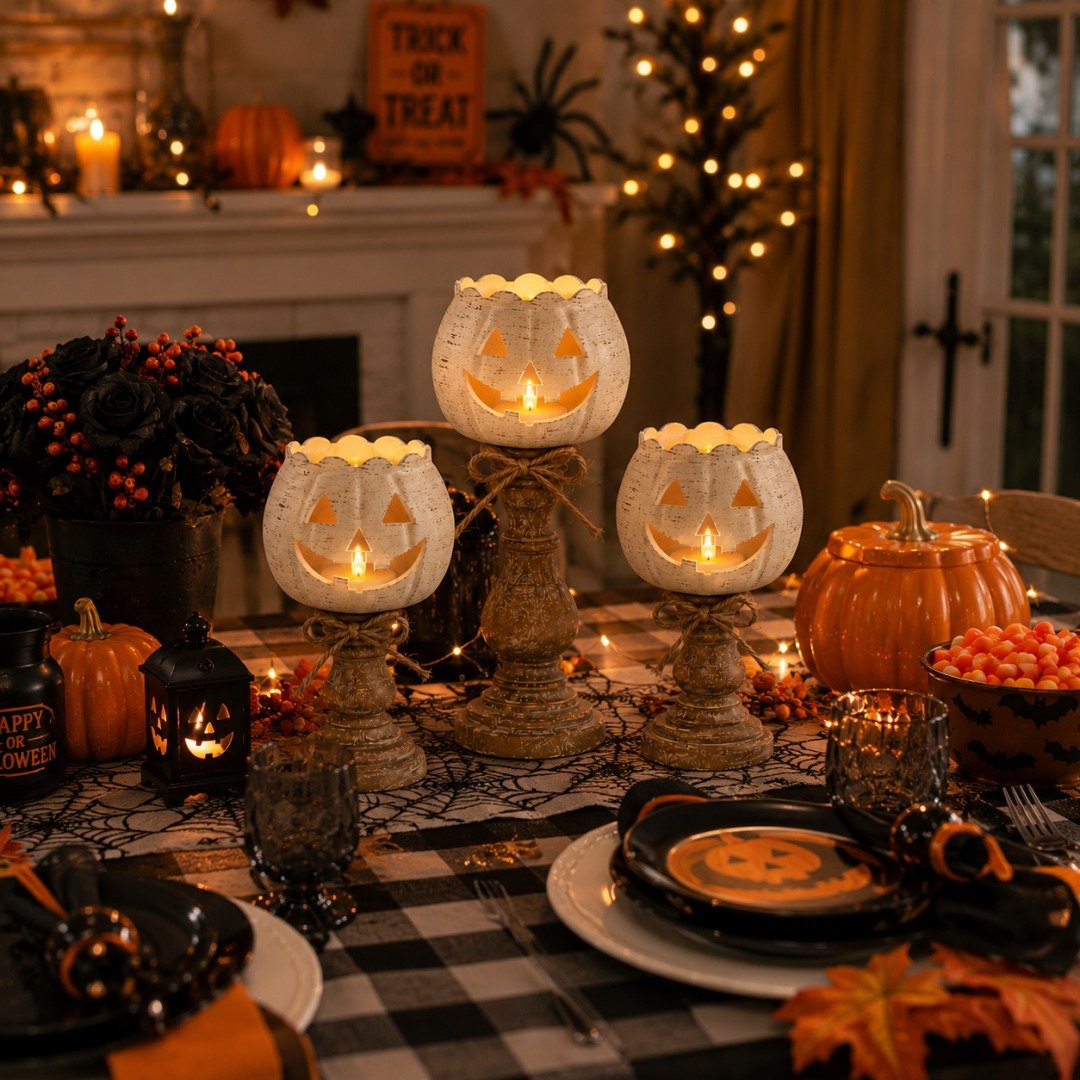 🔥Rustic White Pumpkin Tealight Candle Holder Set