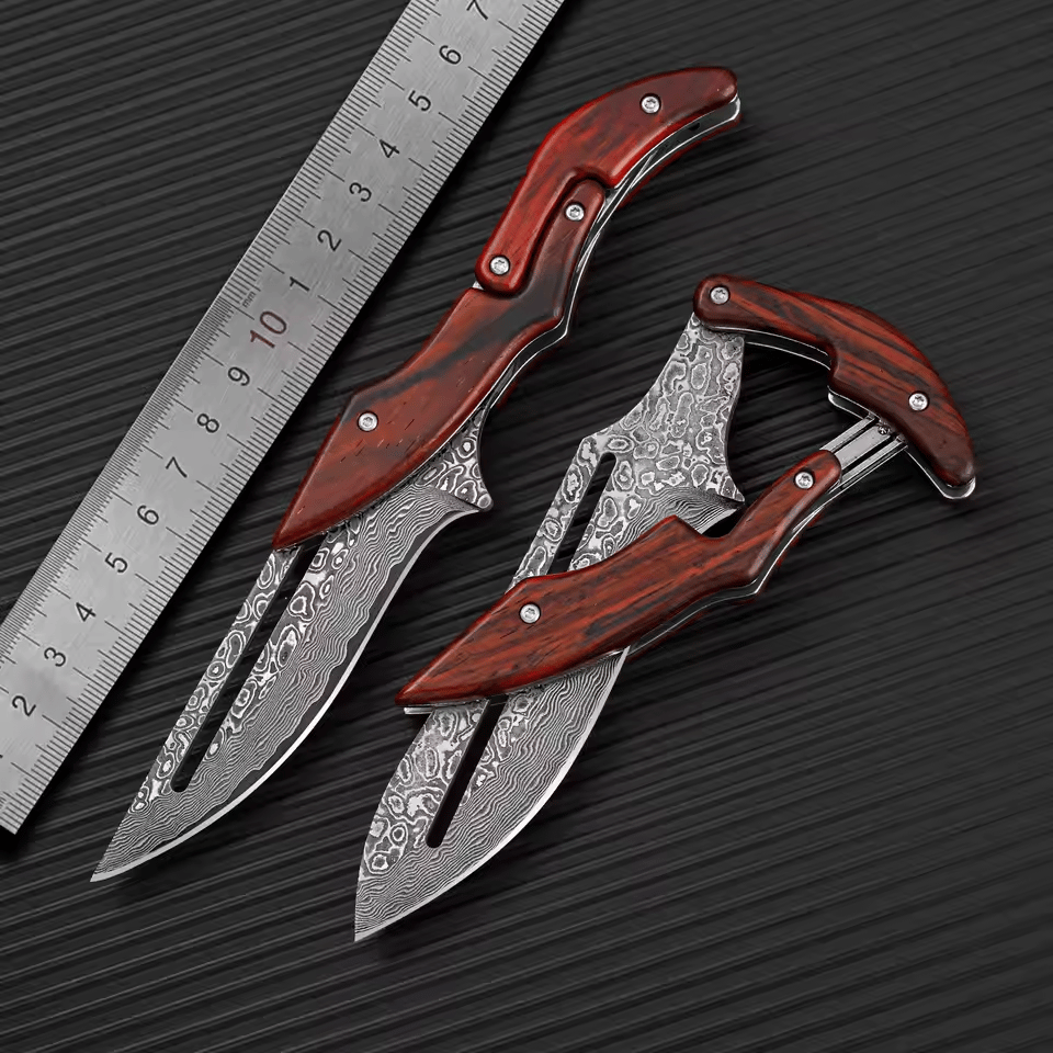 🔥Limited Time Discount 💥Artisan Wood Series: Unique Swing-Lock Folding Knife with Damascus-Style Blade🔪