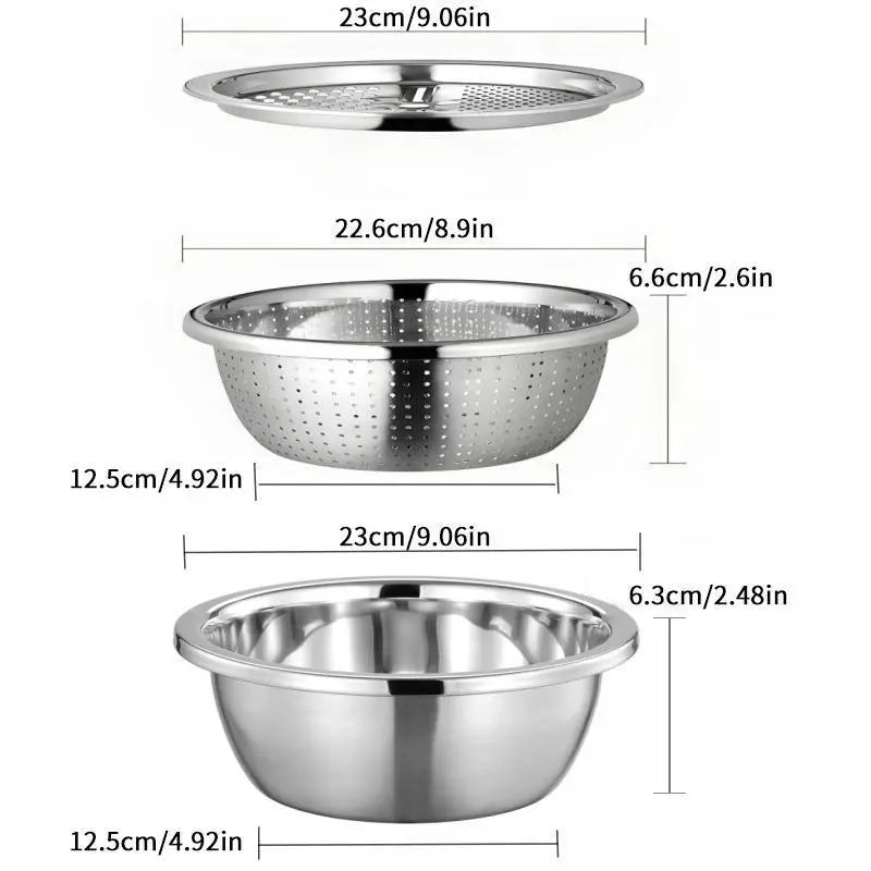 3-In-1 Stainless Steel Multi-Functional Strainer Set, Includes Basin/sieve/cutter