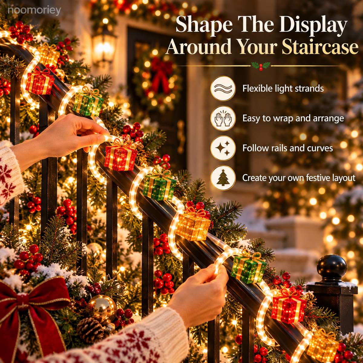 🎅 Illuminated Santa Staircase Railing Christmas Display with Glowing Gift Lights