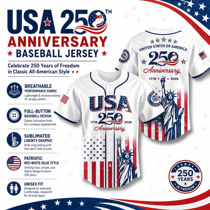 USA 250th Anniversary Baseball Jersey, Patriotic Statue of Liberty Print Shirt, Unisex Independence Day 4th of July Outfit, 1776–2026 Semiquincentennial Patriotic Jersey