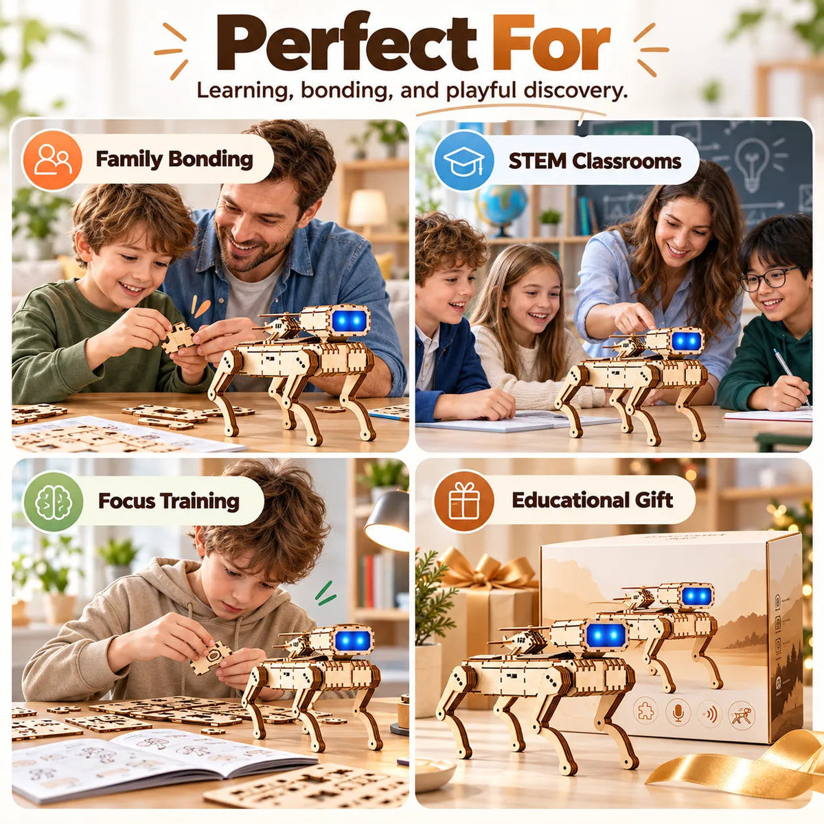 🤖 Wooden Smart Robot Dog [Voice & Remote Control] - STEM Building Kit for Kids!