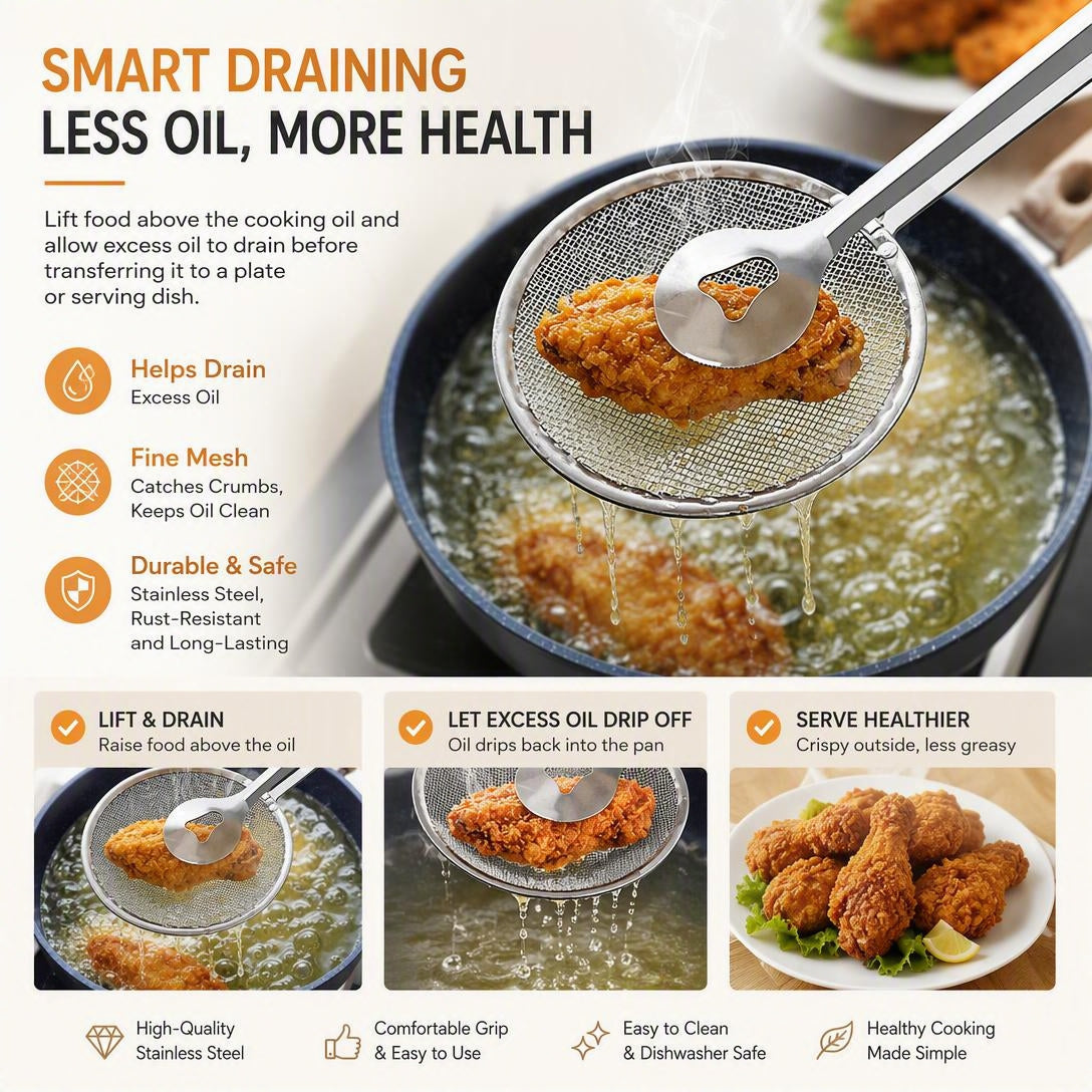 🍟 Stainless Steel Oil Strainer – Easy Deep-Frying Food Filter for Crispy Cooking
