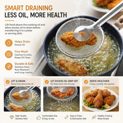 🍟 Stainless Steel Oil Strainer – Easy Deep-Frying Food Filter for Crispy Cooking