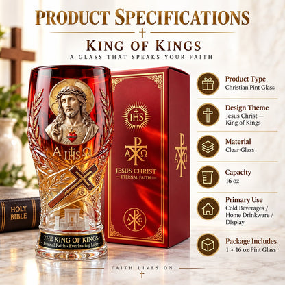 ❤️‍🔥Jesus Christ King of Kings Pint Glass – 16 oz Christian Faith Drinkware & Inspirational Gift
