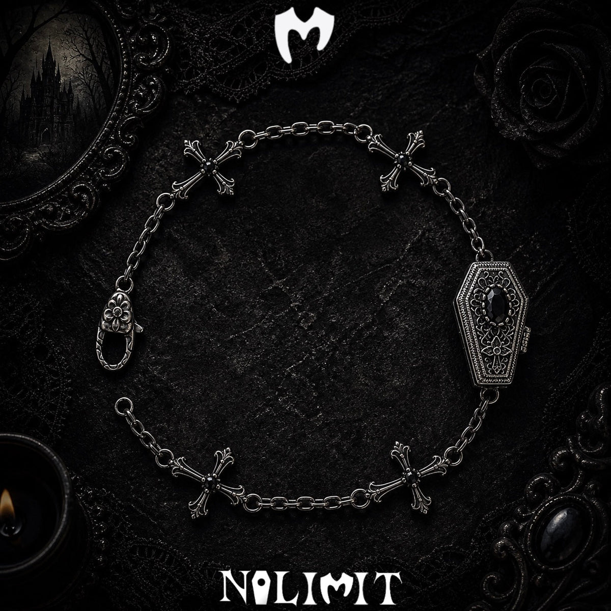 Black sterling silver coffin cross bracelet on a black gothic background
