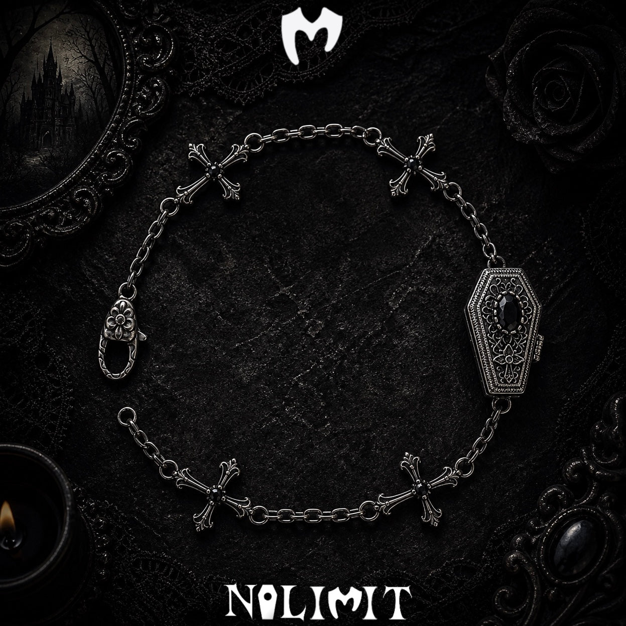 Black sterling silver coffin cross bracelet on a black gothic background