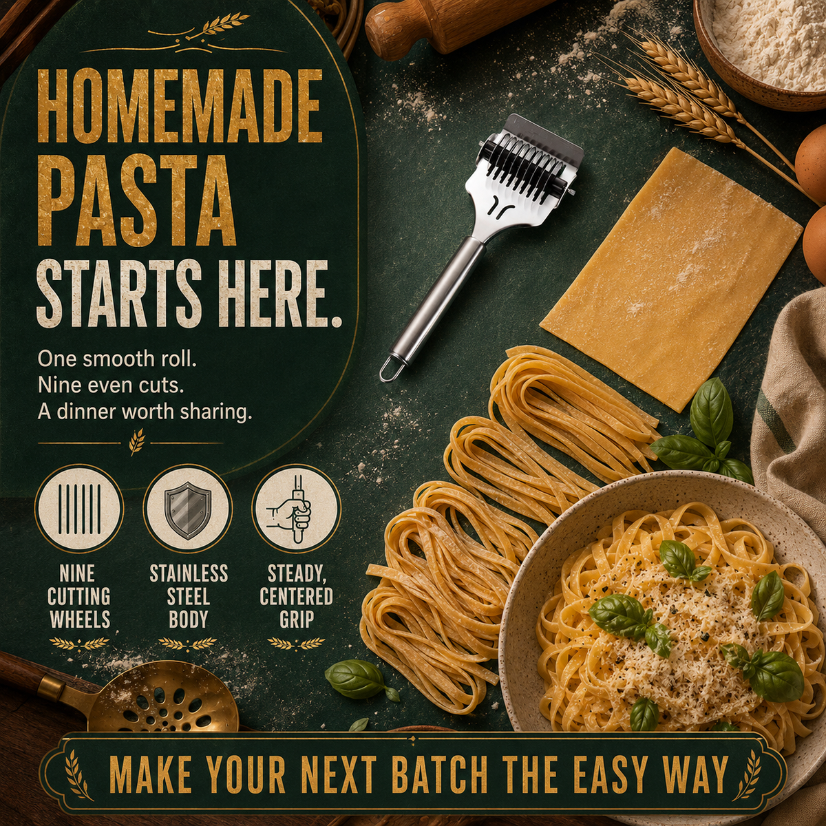 🍝 Stainless Steel 9-Wheel Adjustable Pasta Cutter – Fast & Even Homemade Noodles ✨