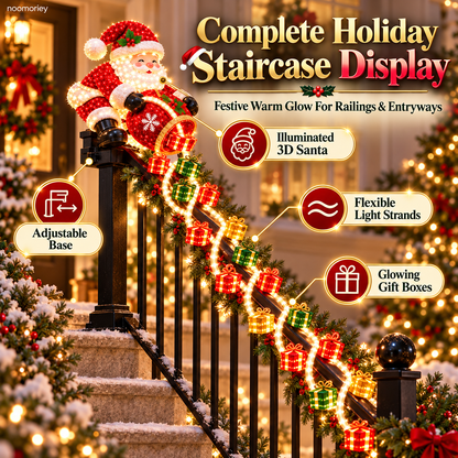 🎅 Illuminated Santa Staircase Railing Christmas Display with Glowing Gift Lights
