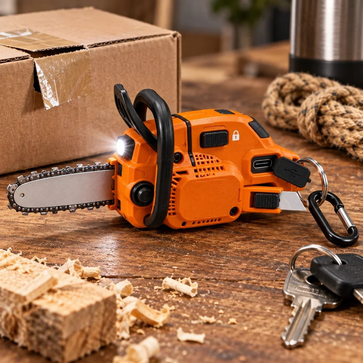 🪚 Mini Chainsaw Keychain Multi-Tool – Rechargeable LED Flashlight & Retractable Utility Cutter