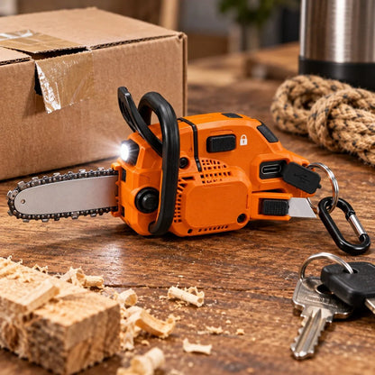 🪚 Mini Chainsaw Keychain Multi-Tool – Rechargeable LED Flashlight & Retractable Utility Cutter