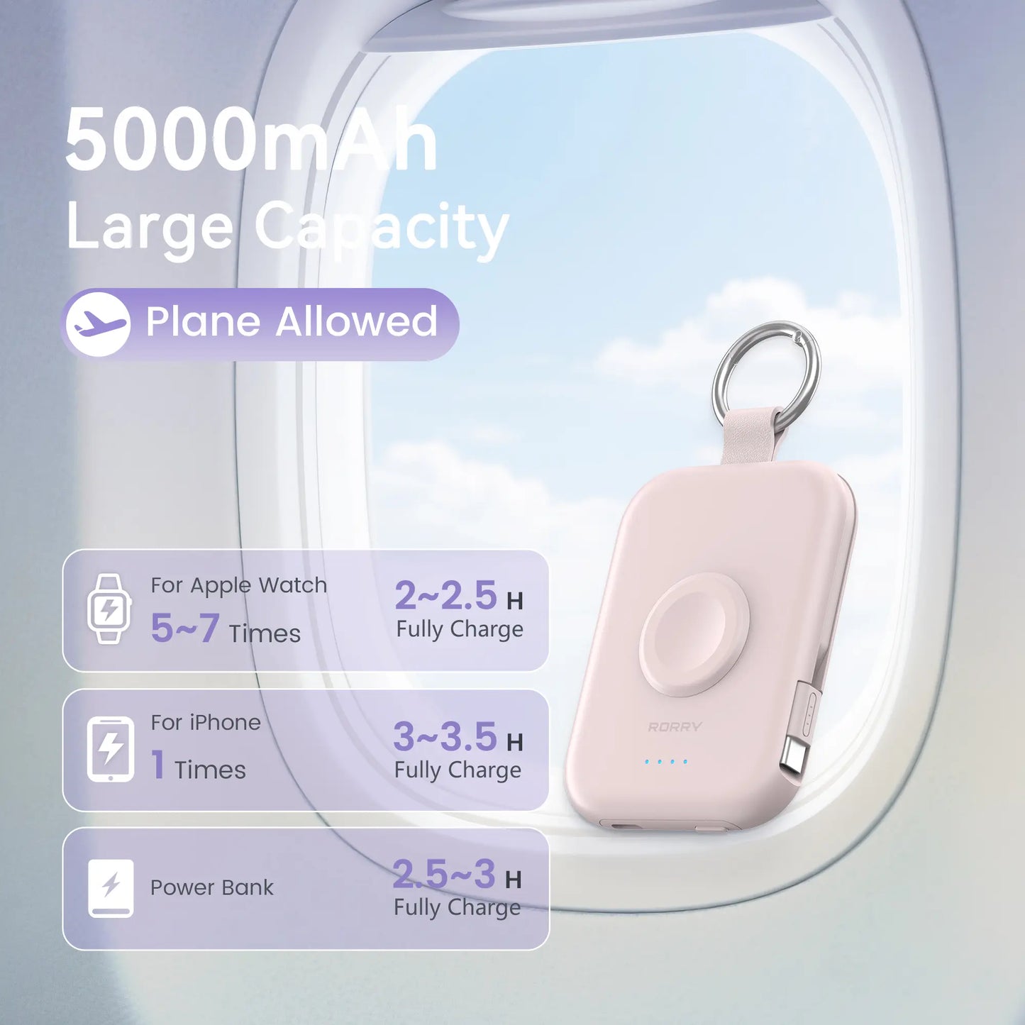 Mini Keychain Power Bank with Built-In Cable, Watch Charger & LED Flashlight