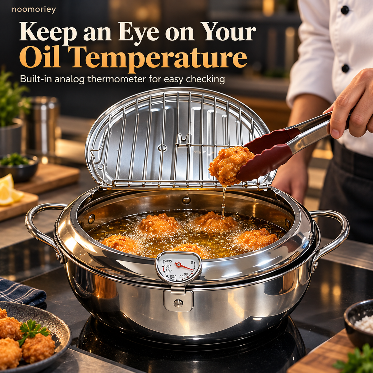 🍤 Deep Frying Pot with Thermometer & Lid Draining Rack – Dual-Handle Frying, Stir-Frying & Boiling Pot