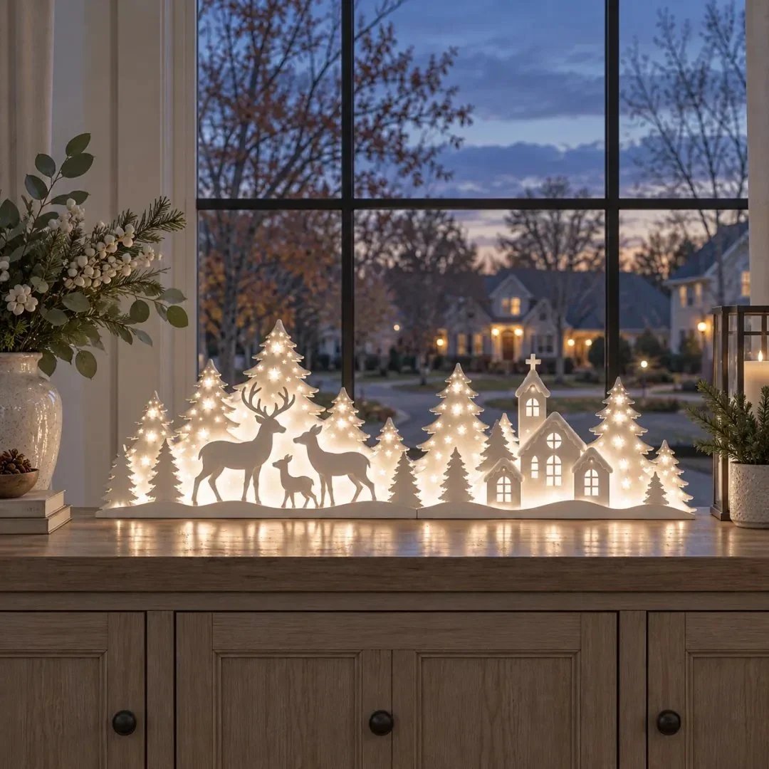 🔥🦌 LED Christmas Deer & Village Window Decor | 2-Piece Lighted Scene