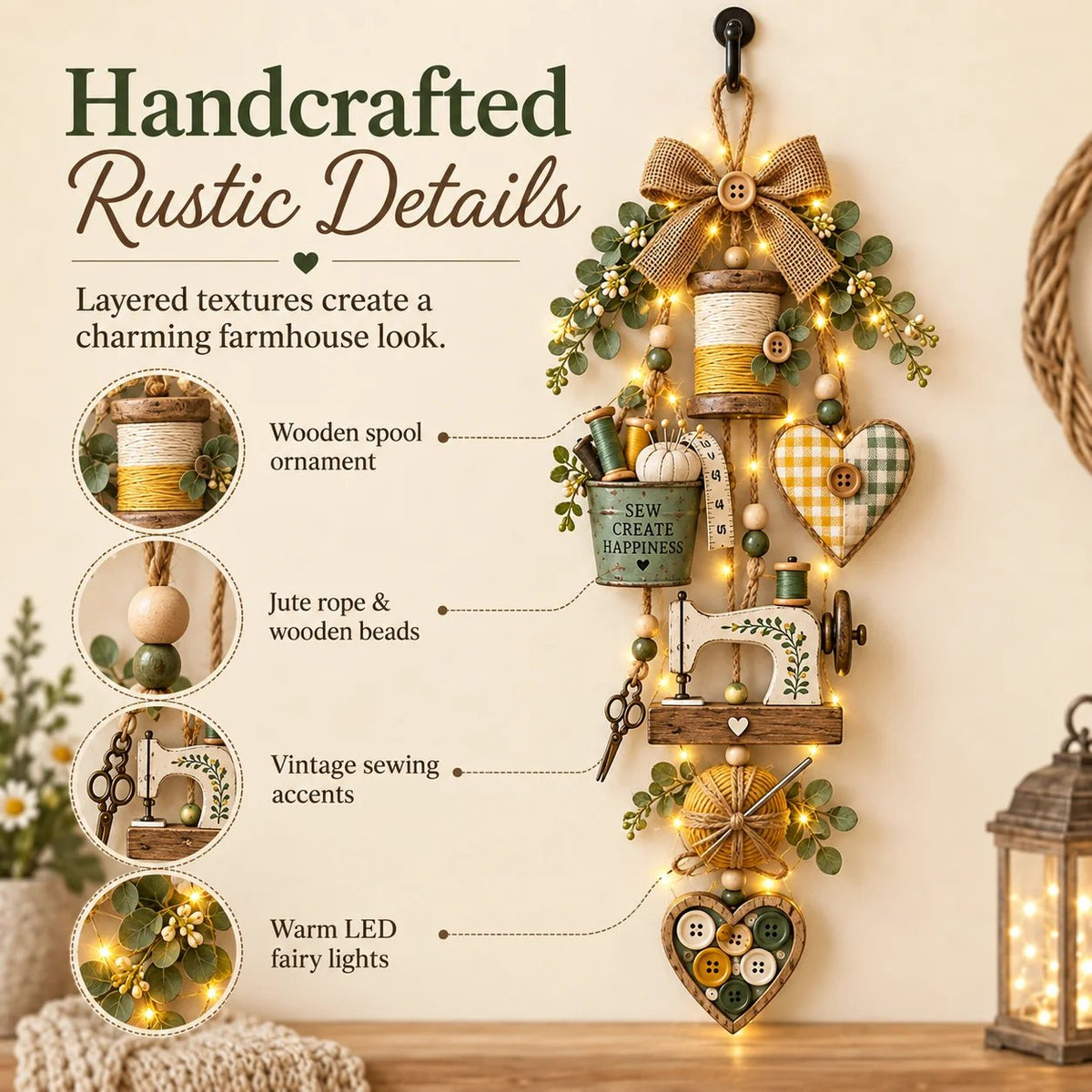 🔥Buy 2 Get 20% OFF🔥🧵✨ Rustic Wooden Sewing - Themed Hanging Ornament with Remote Control Fairy Lights