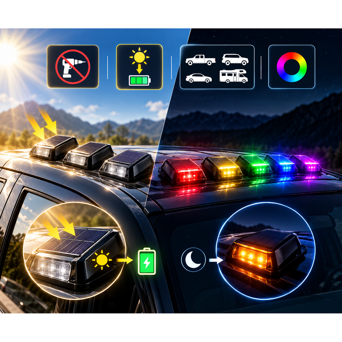 🚙 5-Pack Solar RGB Roof Strobe Light Set – Wireless & No-Drill