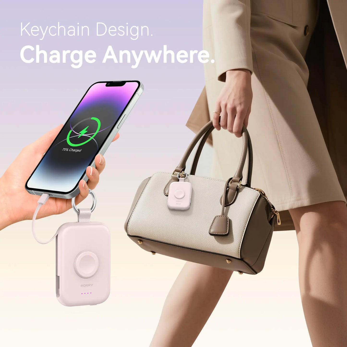 Mini Keychain Power Bank with Built-In Cable, Watch Charger & LED Flashlight