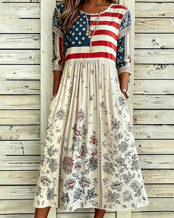 Women's Flag Floral Print Pocket Casual Dress