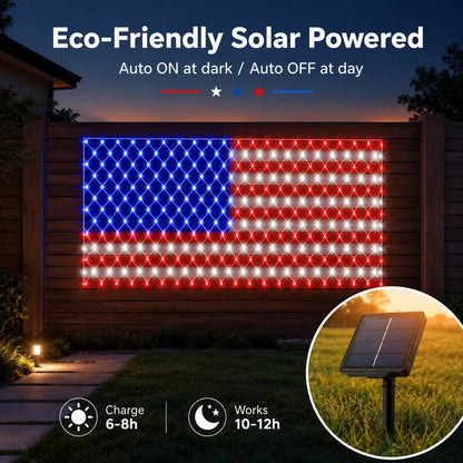 Solar American Flag LED Net Lights | 420 LEDs, 6.5×3.3 ft | Outdoor Patriotic Decor