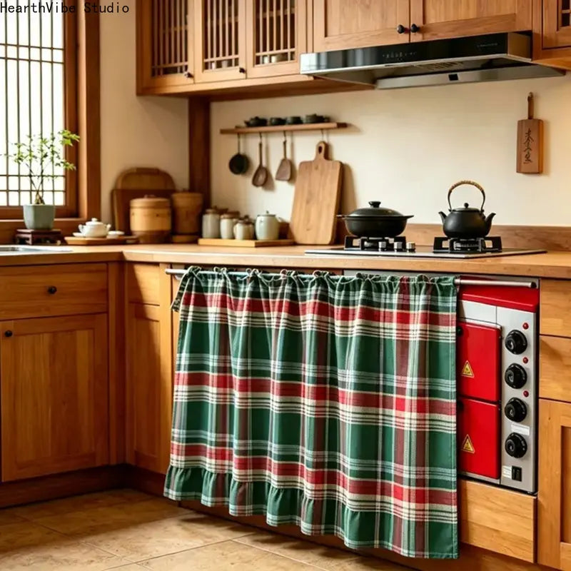 2026 Farmhouse-Style Stove Curtain, Gingham Grid Ruffle-Edge Tier Curtains