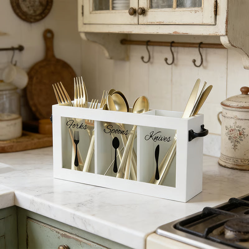 Buy 2 Free Shipping 🌟🍴Wooden Flatware Caddy Organizer – 12"x3.25"x6" Cutlery Holder for Forks, Spoons & Knives, Kitchen Utensil Bin