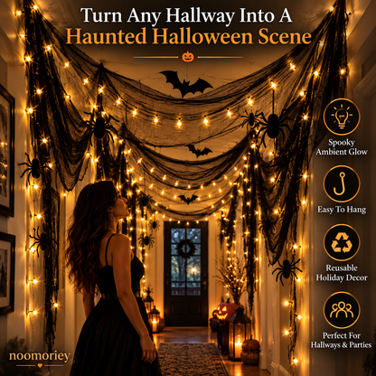 🎃 Halloween Creepy Cloth – Black Gauze Spiderweb Draping for Doorways, Stairs & Party Décor
