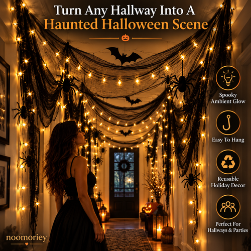 🎃 Halloween Creepy Cloth – Black Gauze Spiderweb Draping for Doorways, Stairs & Party Décor
