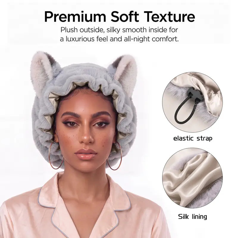 Brand Original Fox Ear Design Plush Satin Hair Bonnet for Sleeping