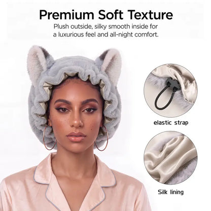 Brand Original Fox Ear Design Plush Satin Hair Bonnet for Sleeping