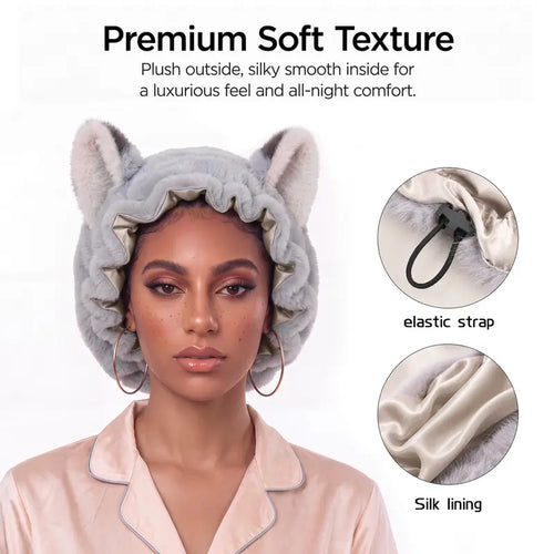 Brand Original Fox Ear Design Plush Satin Hair Bonnet for Sleeping